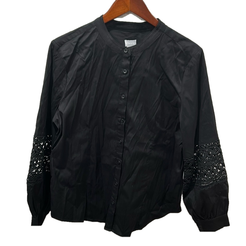 Chicos women’s black embroidered long sleeve blouse size 2 GUC